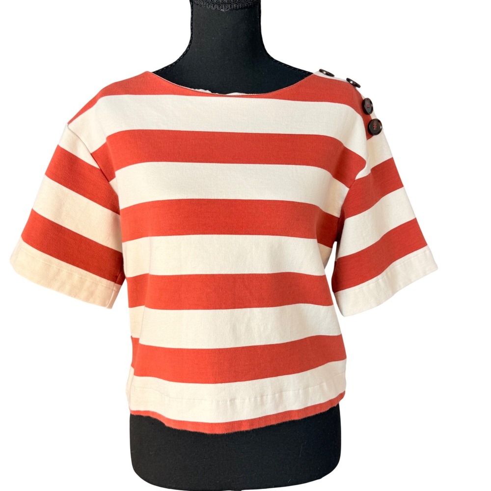 Sunday in Brooklyn Striped Knit Top Orange Cream Button Shoulder Nautical Small